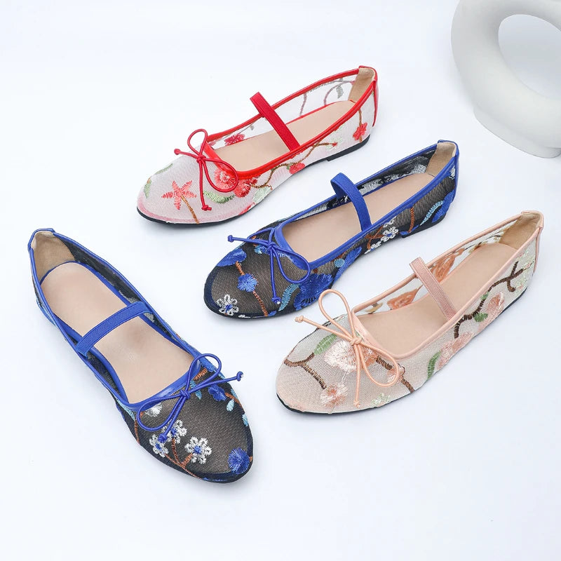 LIZAKOSHT  -  Embroidery Mesh Round Toe Flat Mary Jane Shoes Women Comfort Non-slip Leisure Brand Shallow Sizes 35-43 Soft Sole Ballet Shoes