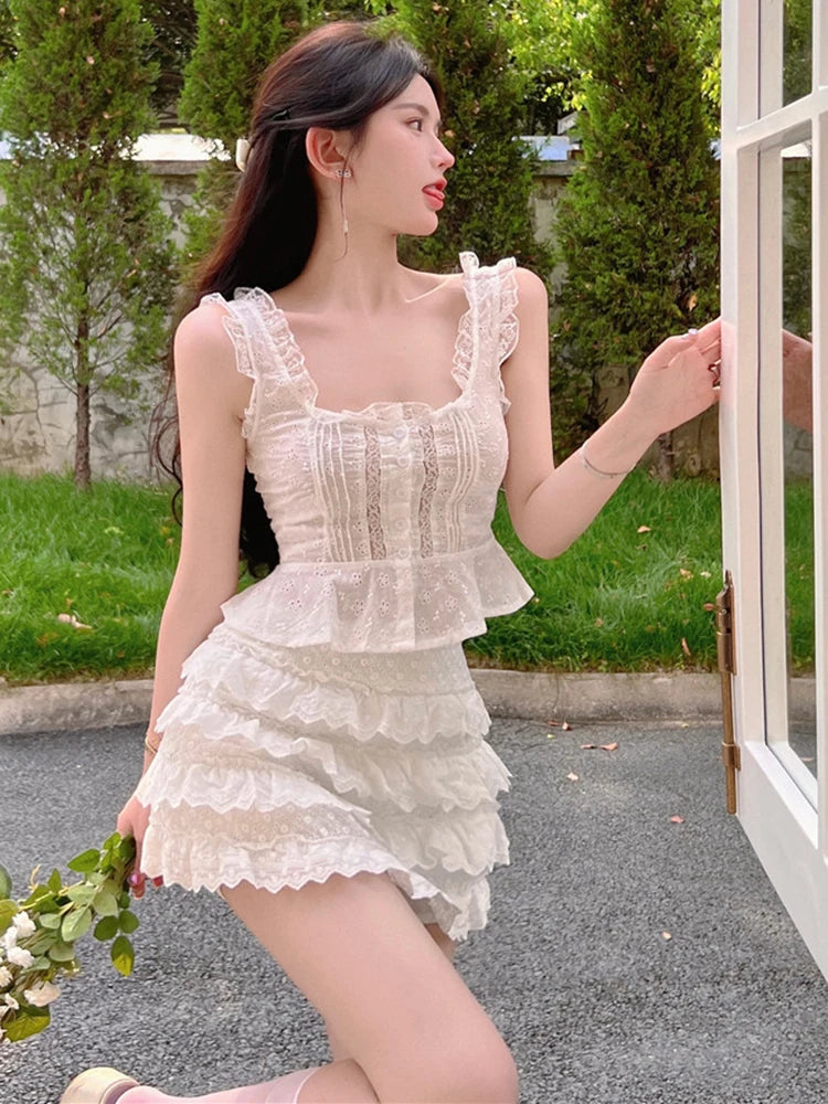 LIZAKOSHT  -  Summer Girl Sweet Fashion Two Piece Set Women Hotsweet Sexy Ruffles Tank Top + Skirt Sets Holiday Beach 2 Piece Suits