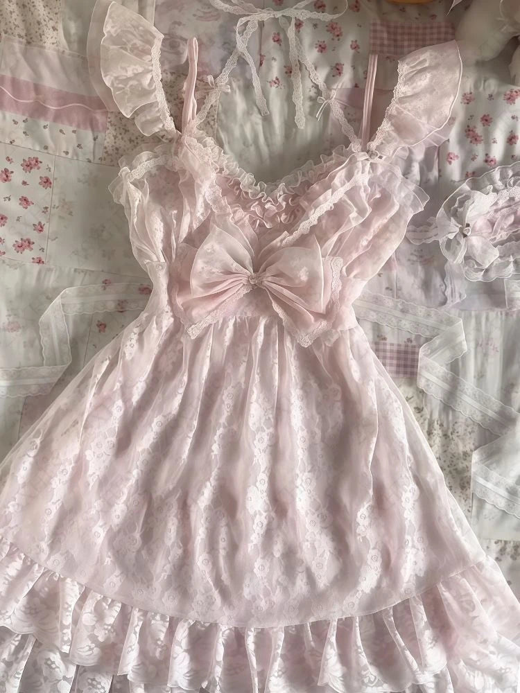 LIZAKOSHT  -  Sweet Gril Straps Dresses Women Clothes Summer Bow Lace Mini Dress Kawaii Cute Aesthetic Slim Y2k Cuteore Bohemian Short Dress