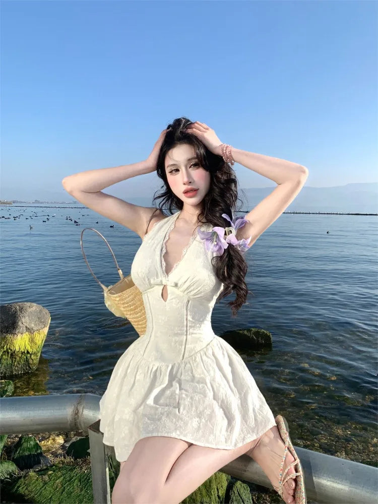 LIZAKOSHT  -  Woman Dress Sleeveless Halter V Neck Hollow Out Slim Lace Patchwork Summer Fashion Holiday Party Mini Dresses Elegant
