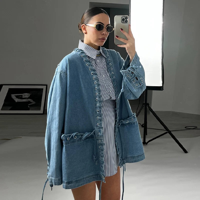 LIZAKOSHT  -  Fashion Women's Blue Denim Coat V-neck Loose Big Pockets Lace Up Bandage Jackets Female 2025 Autumn Lady All-matching Outwears