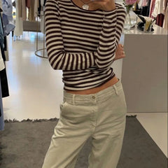 LIZAKOSHT  -  Vintage Preppy Style Y2K Crop Tops Clothes Cottage Striped Rib Knitted T-shirt Women Long Sleeve Casual Basic Tees Pullovers