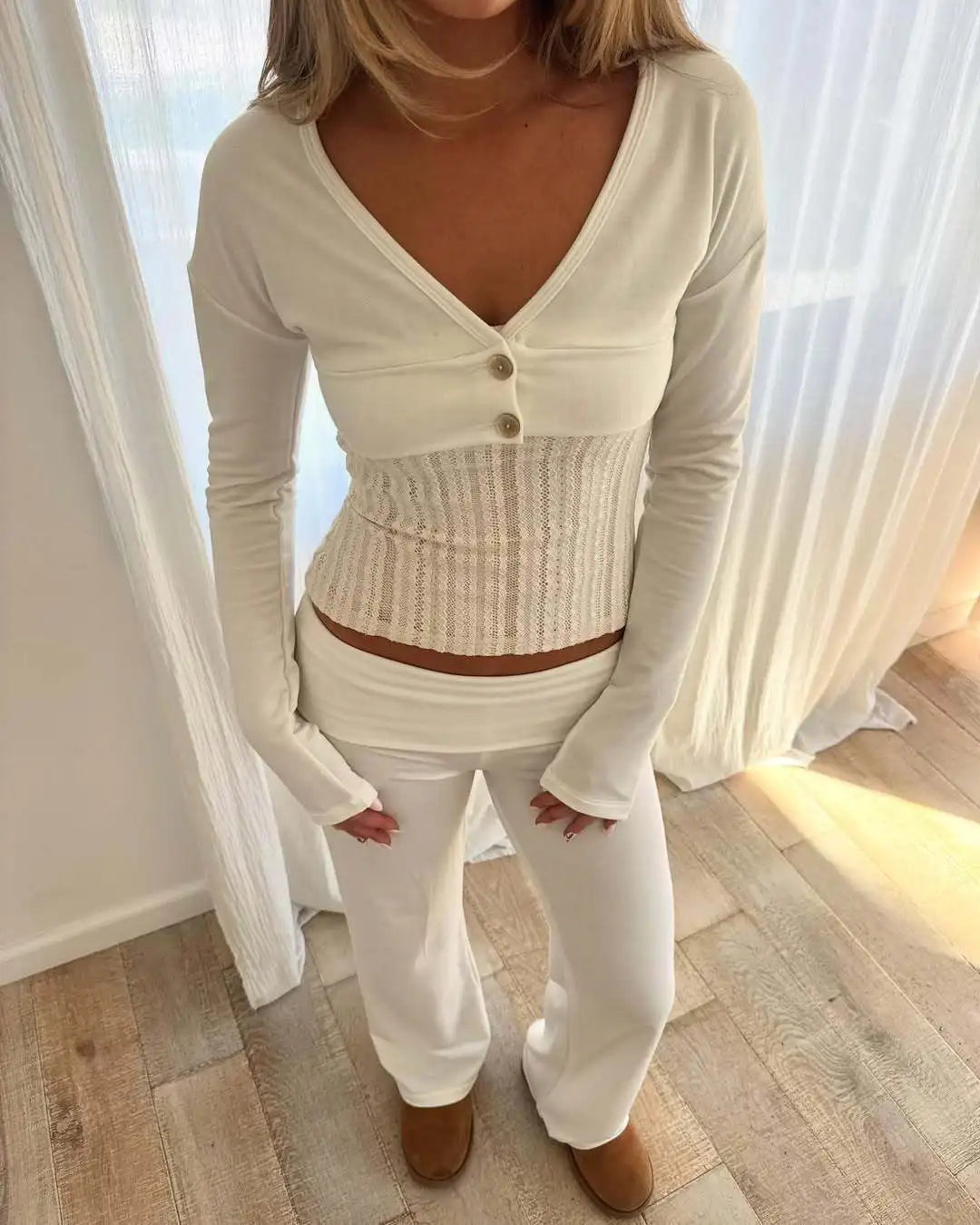 LIZAKOSHT  -  Trendy High-Quality Long Sleeve V-Neck T-Shirt New Polyester Fiber Striped/Plaid Hooded Style Printed Comfortable Fit