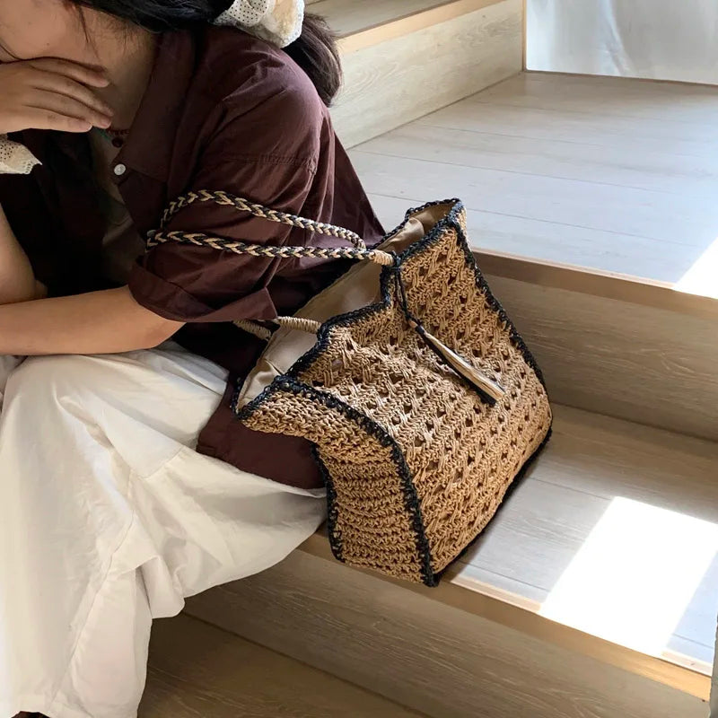 LIZAKOSHT  -  Mesh Crochet Beach Bags Women Hollow Out Straw Woven Tote Bag Seaside Vacation Square Knitted Handbag with Tassel