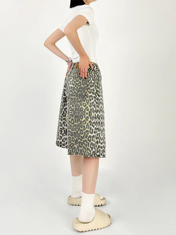 LIZAKOSHT  -  New Summer American Retro Leopard Pattern Jeans Women's Shorts Loose Versatile Straight Leg Denim Pants