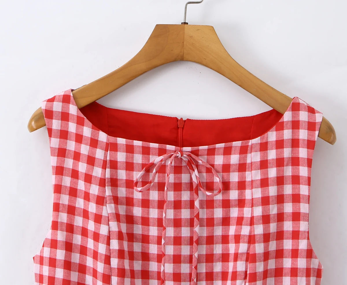 LIZAKOSHT  -  Sexy Red Gingham Plaid Mini Sleeveless Dress Women Bow O Neck Zipper Back Low Waist Ruched Hem Swing Tank Dresses Vestidos Black