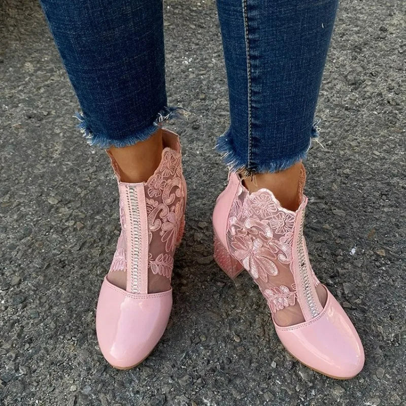LIZAKOSHT  -  Ethnic Style Women Retro Lace High Heels Ankle Boots Autumn Embroider Pointed Toe Platform Short Boot Thick Heeled Pumps