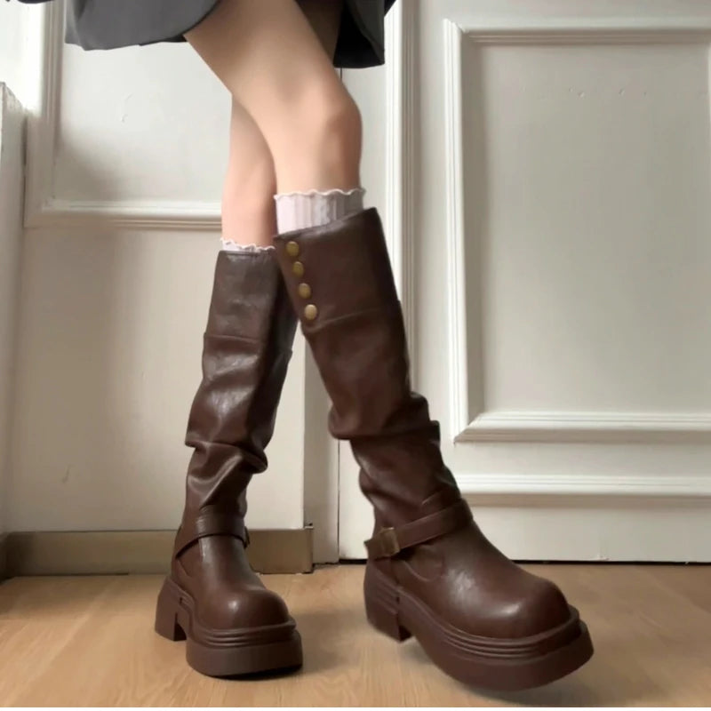 LIZAKOSHT  -  Autumn Winter Platform Thick Bottom Woman Knee High Boots Shoes Ladies Elegant Belt Buckle Knight Booties