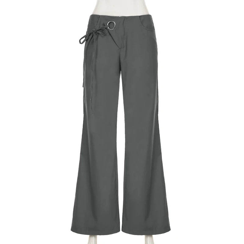 LIZAKOSHT  -  Lace Up Loose England Style Trousers Fashion Low Waisted Solid Pants Vintage Aesthetic Leisure Bottoms for Women