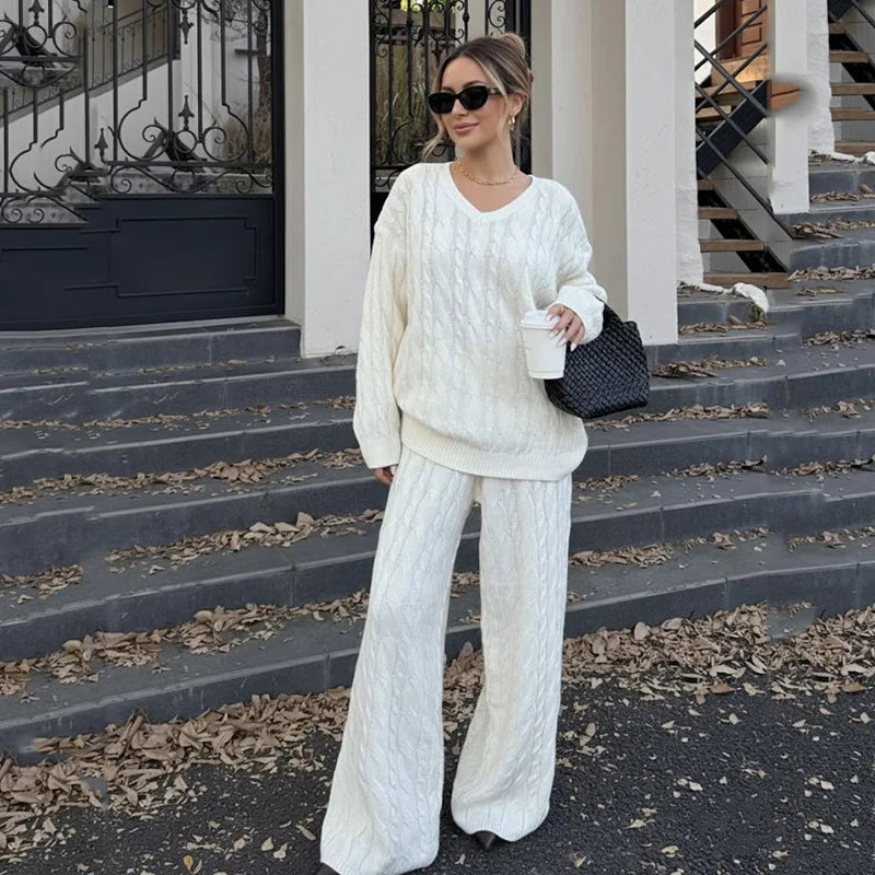 LIZAKOSHT  -  Casual Ribbed 2 Piece-Set Trousers Sets Women Solid Loose V-Neck Top And High Waist Wide-Leg Pants Sets New Female Outfits