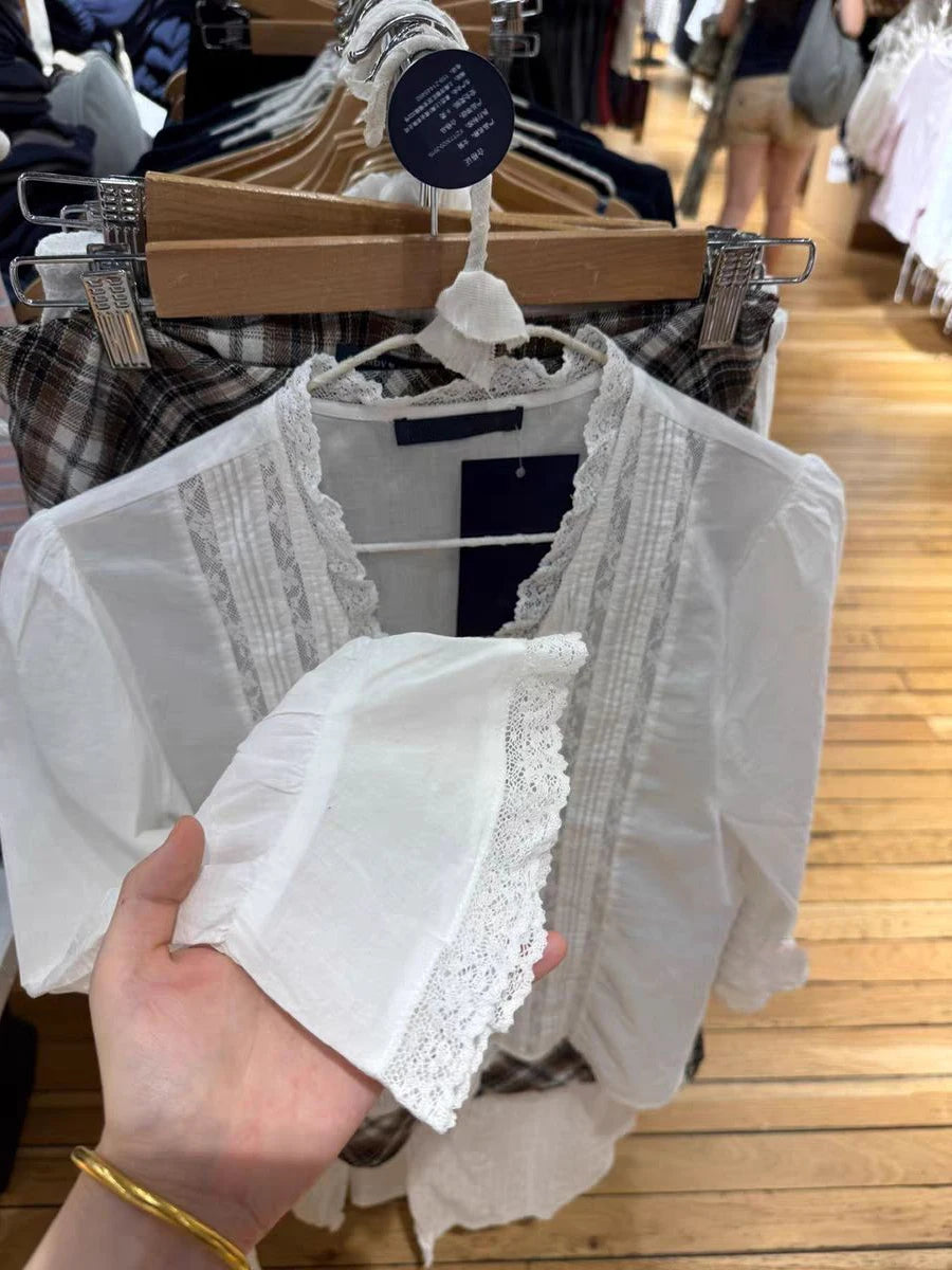 LIZAKOSHT  -  Lace Patchwork Long Flare Sleeve T-shirt Blouse Woman Autumn V-neck Single Breasted See Through Cotton Shirts White Thin Tees