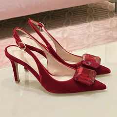 LIZAKOSHT  -  Summer New High-Heeled Shoes Pointy Square Buckle Crystal Shallow Mouth Thin Heels Elegant Sandals For Woman