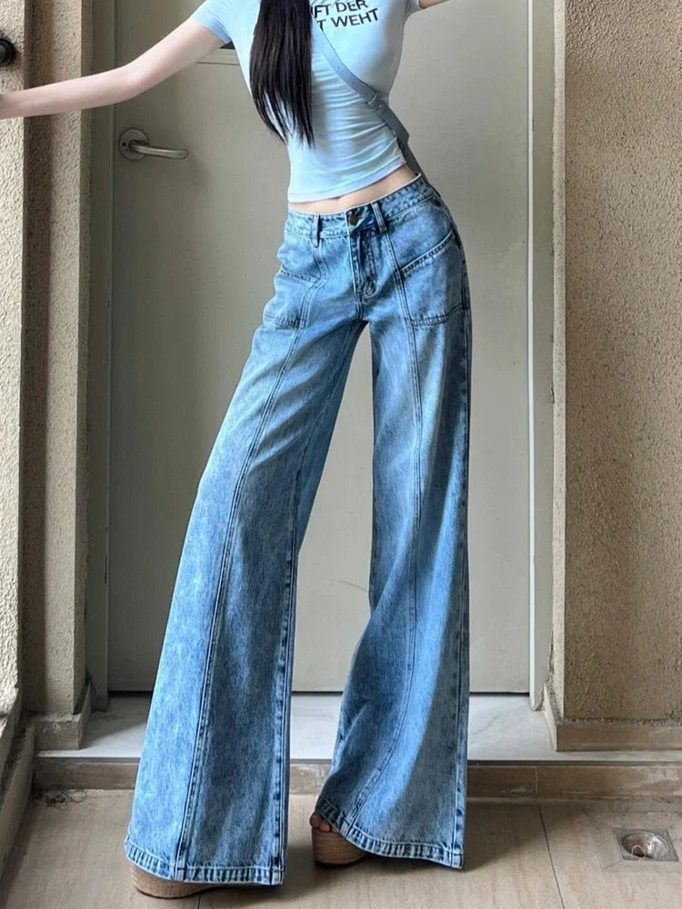 LIZAKOSHT  -  Womens Blue Jeans High Waist Baggy Casual Vintage Y2K Design Sense Straight Pants Street American Autumn Wide Leg Denim Trouser
