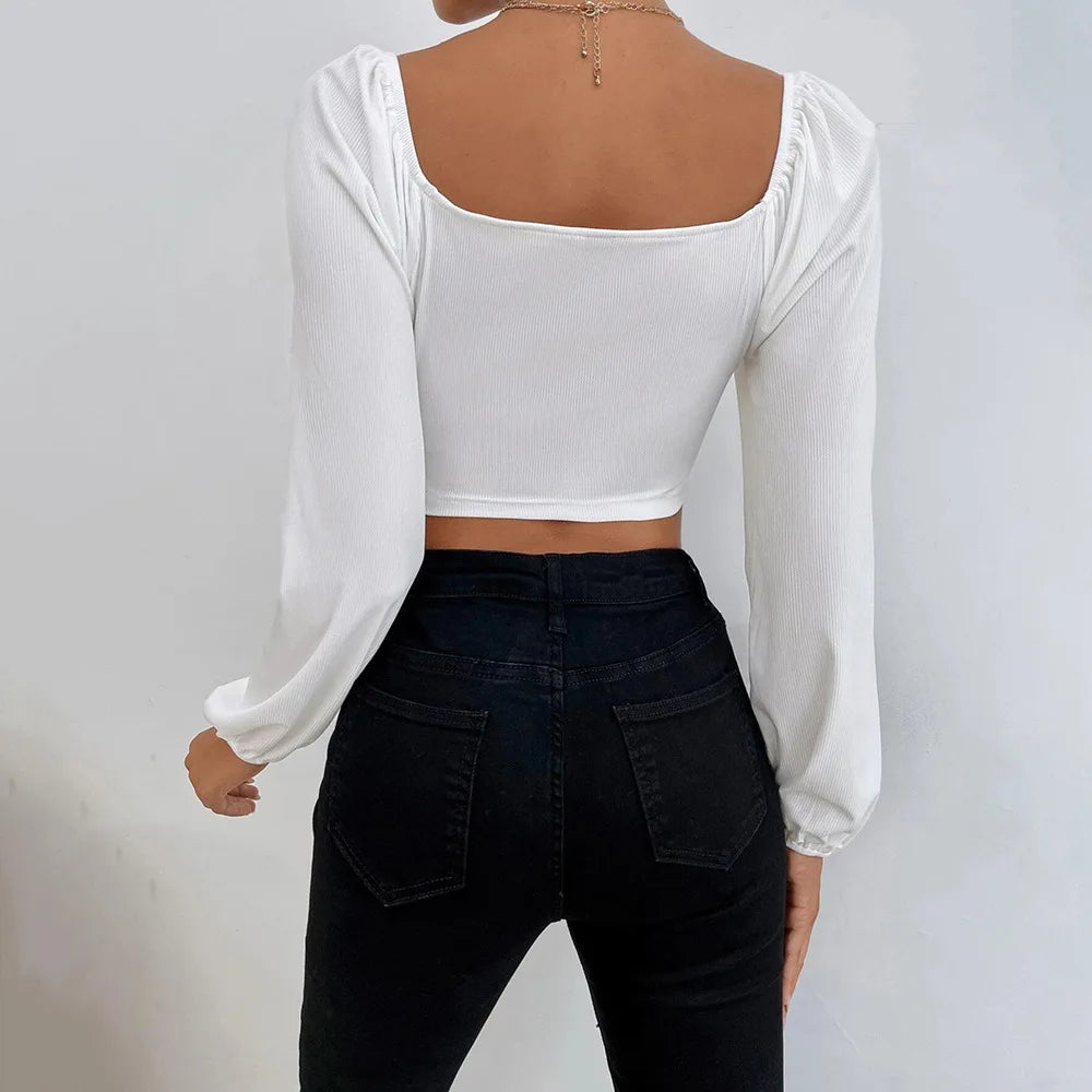 LIZAKOSHT  -  Women New Casual Party Vacation Waist Long Sleeve Women T-Shirt Super Short Top