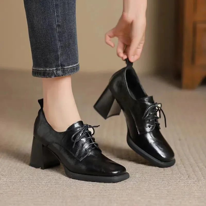 LIZAKOSHT  -  Women Square Toe Oxford Shoes Chunky Block High Heels Lace Up Leather Pumps Retro British Style Office Ladies Dress Shoes