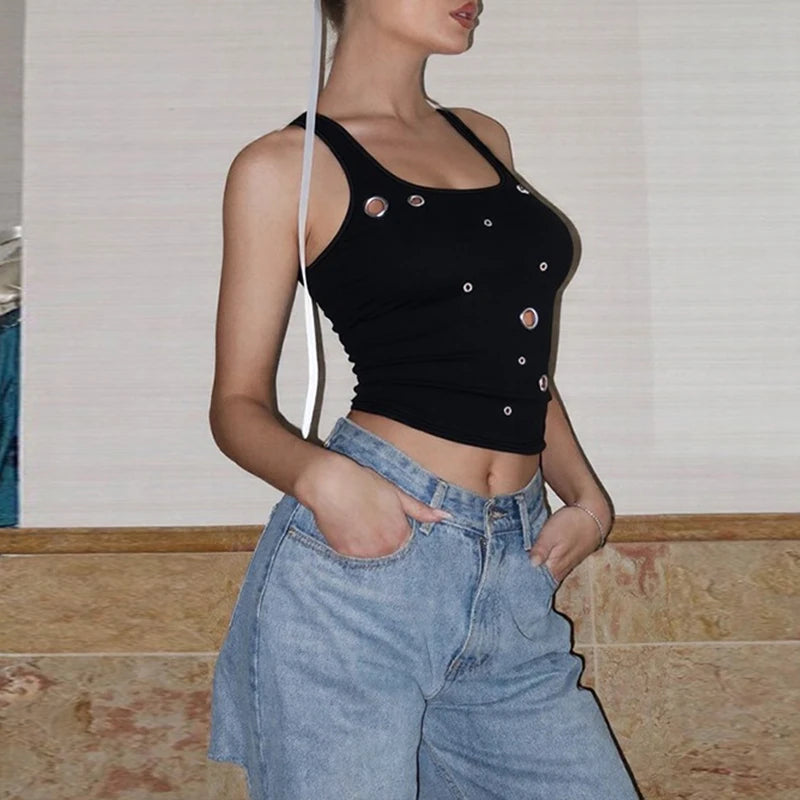 LIZAKOSHT  -  Trend Black Sexy Metal Eyelet Skinny U Collar Sleeveless Strap Short Vest Tank Tops Hottie Y2K Casual Rave Party Streetwear