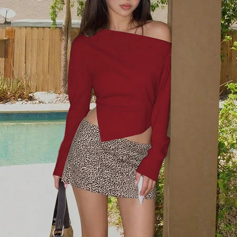 LIZAKOSHT  -  Autumn Irregular Long-sleeved Simple Diagonal Shoulder Elastic Slim Fit Split T-shirt Top Ruched Streetwear Party Clothing