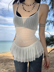LIZAKOSHT  -  Spicy Girl White Ruffle Edge Strap Vest Women's Summer Sexy Slimming and slimming