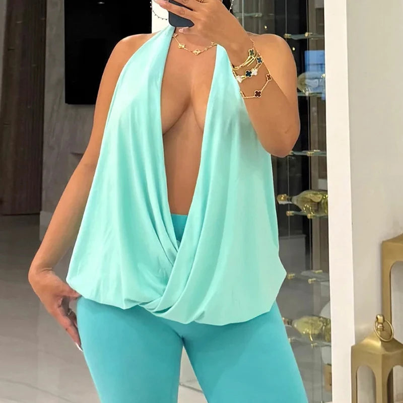 LIZAKOSHT  -  Sexy Irregular Big Swinging Collar Draped Women's Pure Color Sleeveless Fashion Halter Tops Hot Summer Nightclub Streetwear