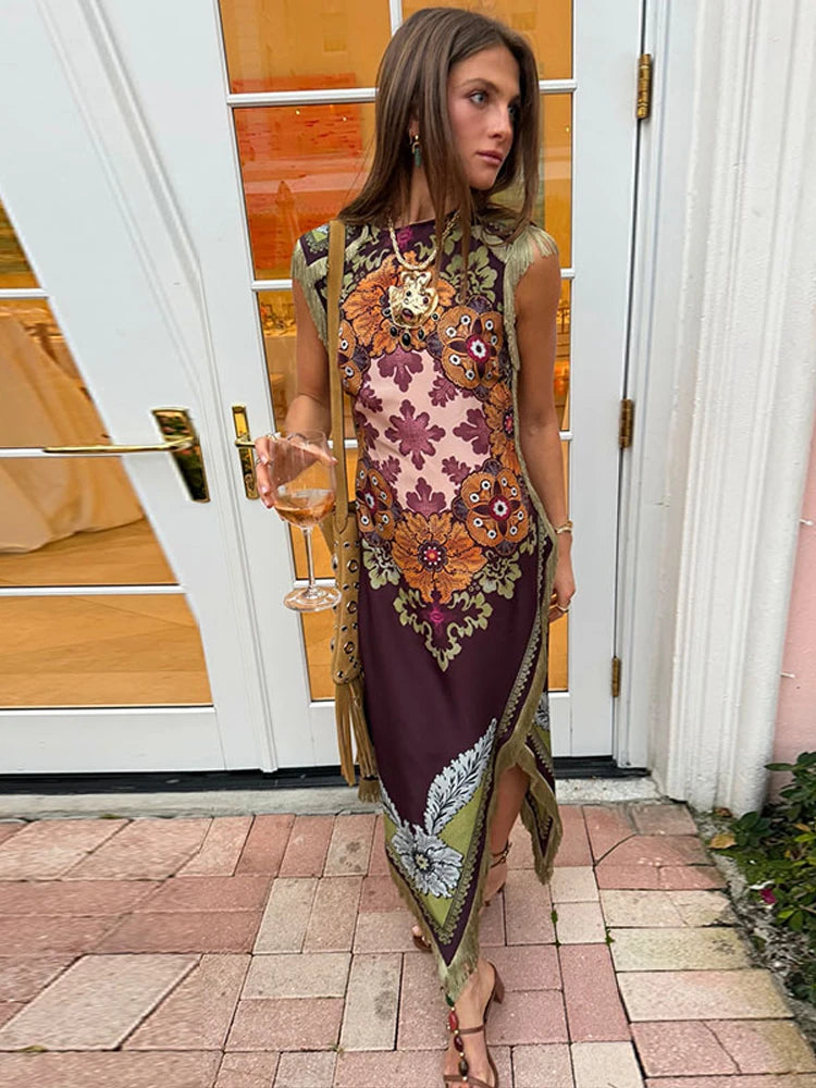 LIZAKOSHT  -  Women Dress Floral Print Fringe Midi Dresses Burgundy Sleeveless High Neck Asymmetrical Hem Party Dress Summer Woman Clothes