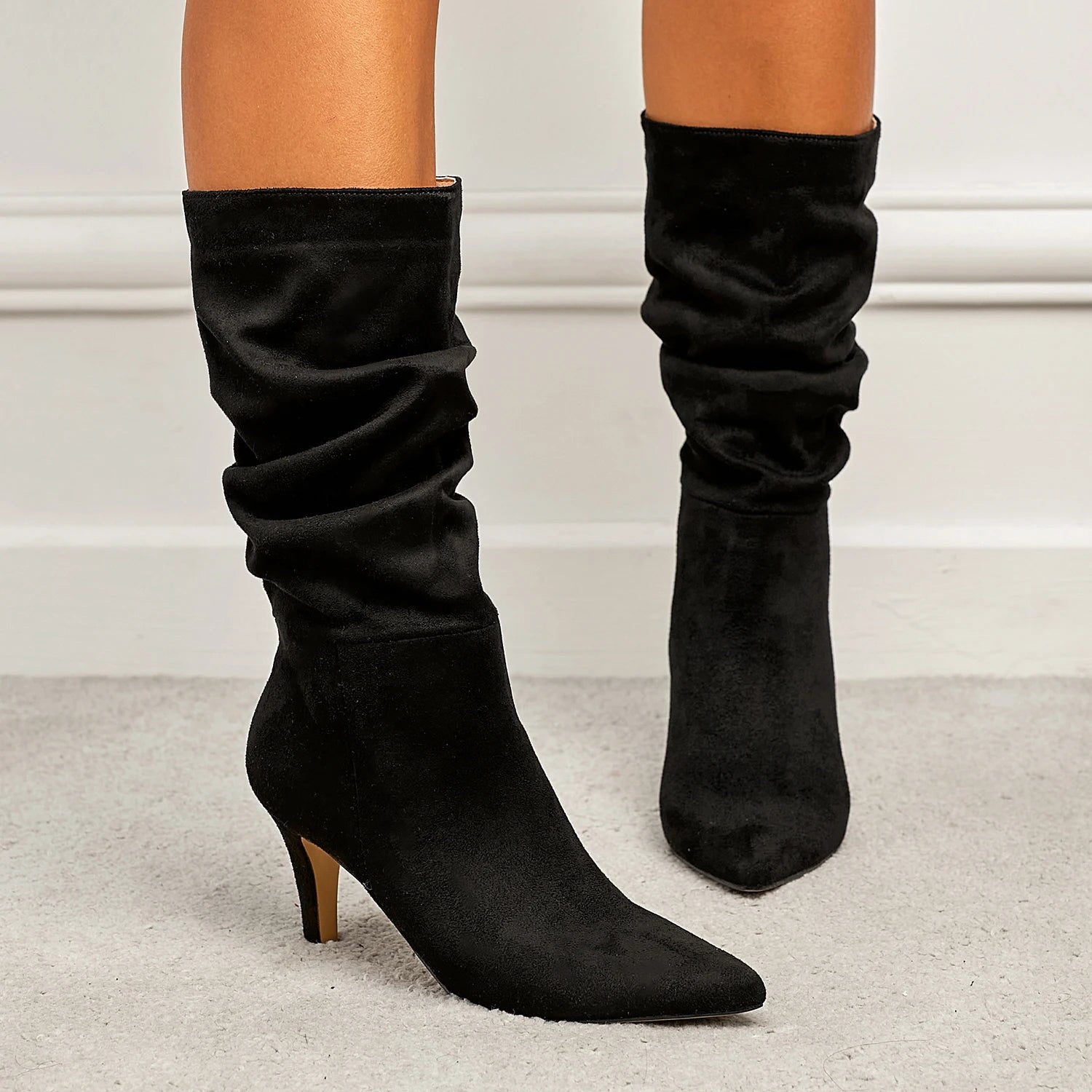 LIZAKOSHT  -  Autumn/Winter New Fashion Pointed Suede Pleated Women's High Heel Mid Sleeve Boots Women's Large Sizes