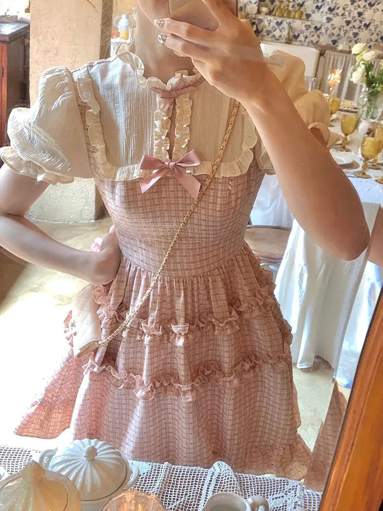 LIZAKOSHT  -  Japan Vintage Plaid Dress Women Casual Short Sleeve Slim Party Y2k Mini Dress Women Kawaii Clothing One Piece Dress Korean Summe