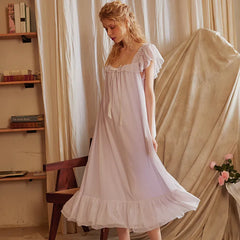 LIZAKOSHT -  Sweet Lace Nightdress Women Sleepwear Princess Sexy Nightwear Summer Fairy Mesh Vintage Peignoir Victorian Night Dress Home Wear
