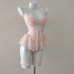 LIZAKOSHT  -  Romantic Flower French Sexy Lingerie Corset Vest Slim Waist Lace Mesh Fishbone Bra Nightdress with Panty Underwear Set Sleepwear