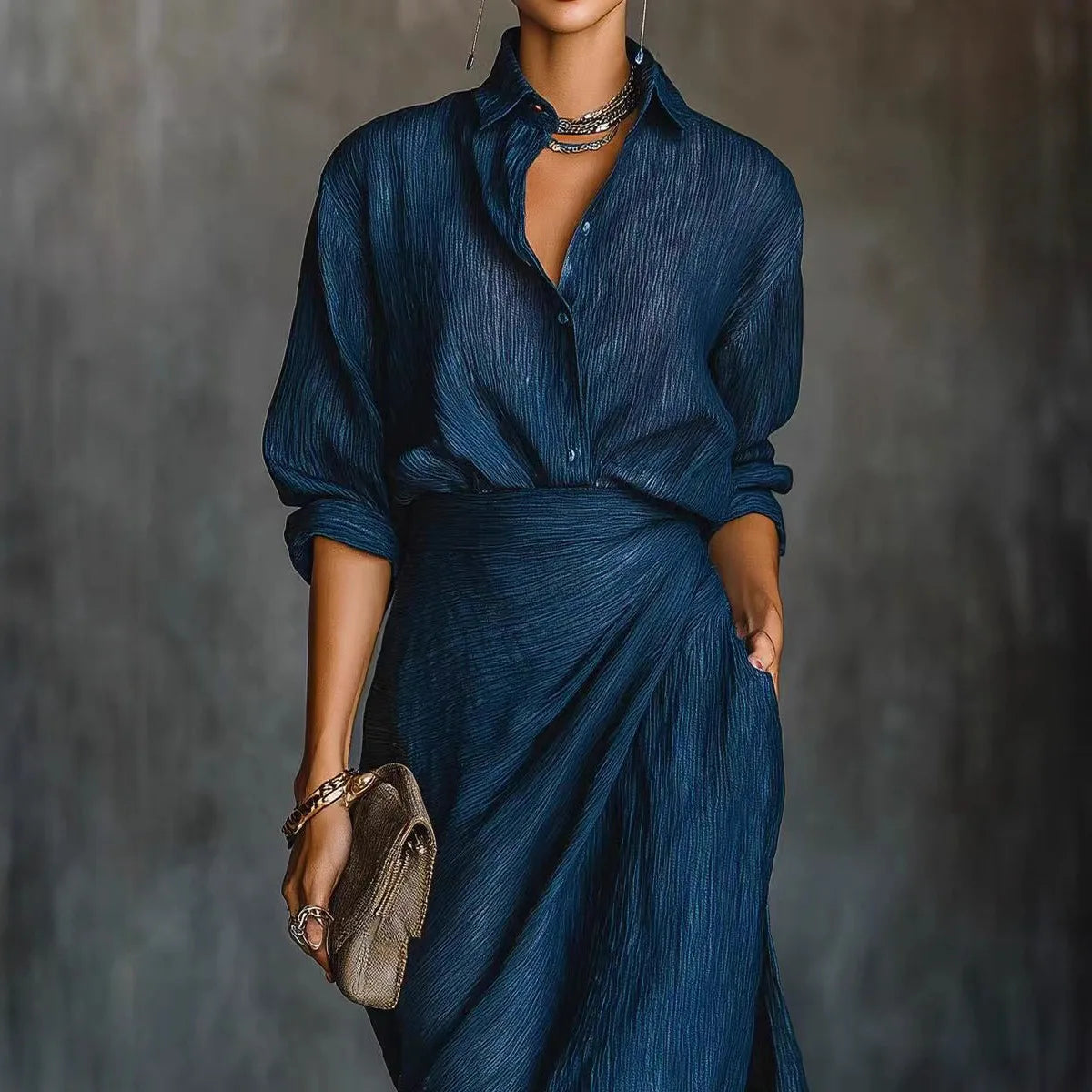 LIZAKOSHT  -  Autumn Long Sleeve Cardigan Top +Maxi Skirts 2 Pieces Sets Europe Americ Solid Elegant Simple Suit Fashion Woman Outfits