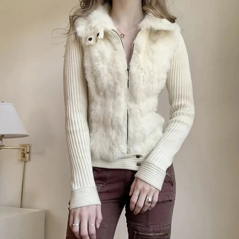 LIZAKOSHT  -  Women Knitted Coats Fall Winter American Simple Furry Patchwork Slim Fit Jacket Office Lady Elegant Zipper Fashion Female Tops