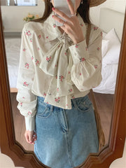 LIZAKOSHT  -  Korea Women Shirts Vintage Printed Florals Office Lady 2024 Loose Camping Work Wear Spring Casual Full Sleeve