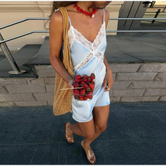 LIZAKOSHT  -  Satin Crisscross Lace Trim Spaghetti Strap Mini Slip Dress Deep V Neck Summer Chic Elegant Date Women Vacation Outfit