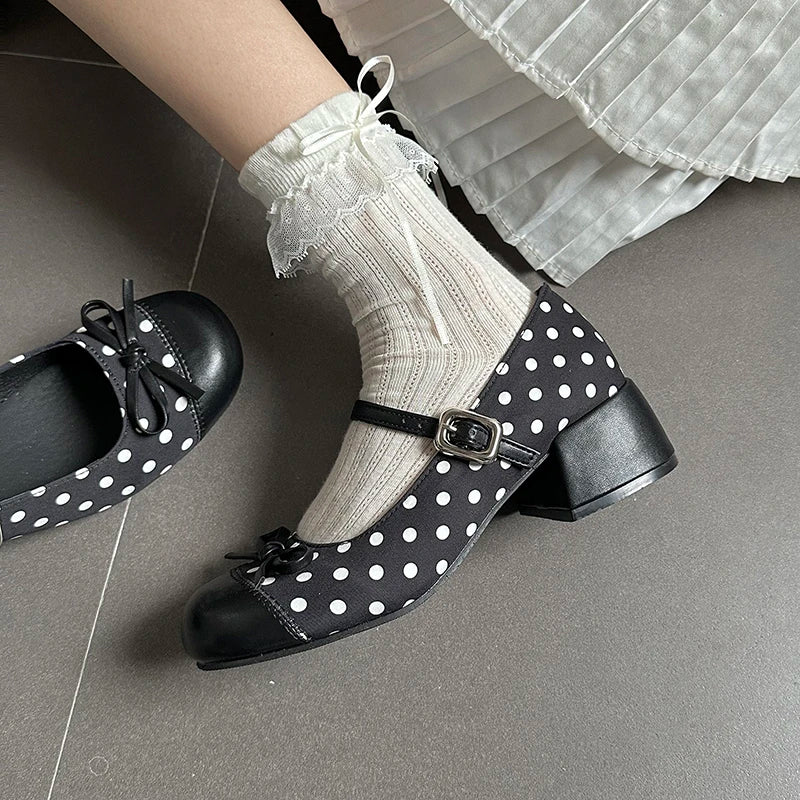 LIZAKOSHT  -  Cute Polka Dot Thick Heel Women Mary Jane Shoes Designer Buckle Strap Pumps Ladies Eelgant Butterfly-knot Dress Single Shoes