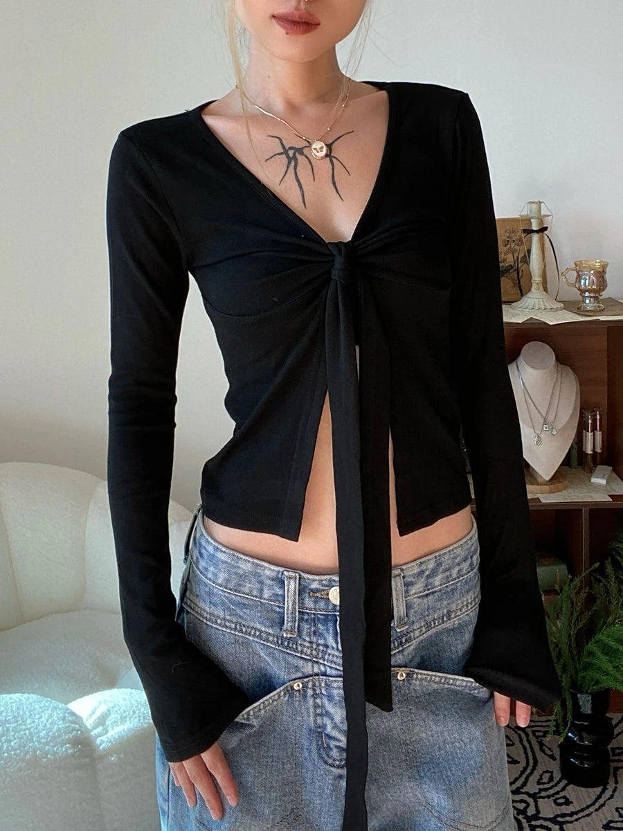 LIZAKOSHT  -  Knot Long Sleeve T-shirt Autumn Sexy V-neck Slim Tee Shirts Female Casual Simple Solid All-match Woman's Tshirts New Chic Tops