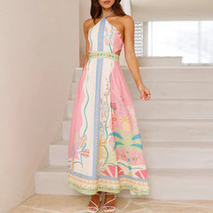 LIZAKOSHT  -  Spring Summer Backless Lace-up Hollow Party Dress Women Sexy Off Shoulder Halter Long Dress New Casual Vacation Beach Boho Dress