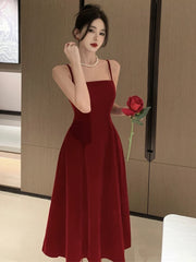 LIZAKOSHT  -  Summer New French Elegant Strap Birthday Party Prom Midi  Velvet Dress For Women Sleeveles  Female One Piece Clothes