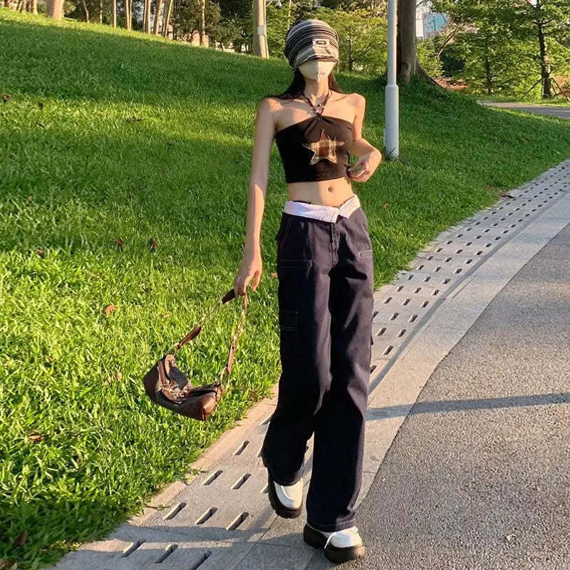 LIZAKOSHT  -  Cargo Pants Flange Multiple Pockets High Waist Women Straight Baggy Pants Fashion Cotton Wide Leg Trousers Casual Streetwear