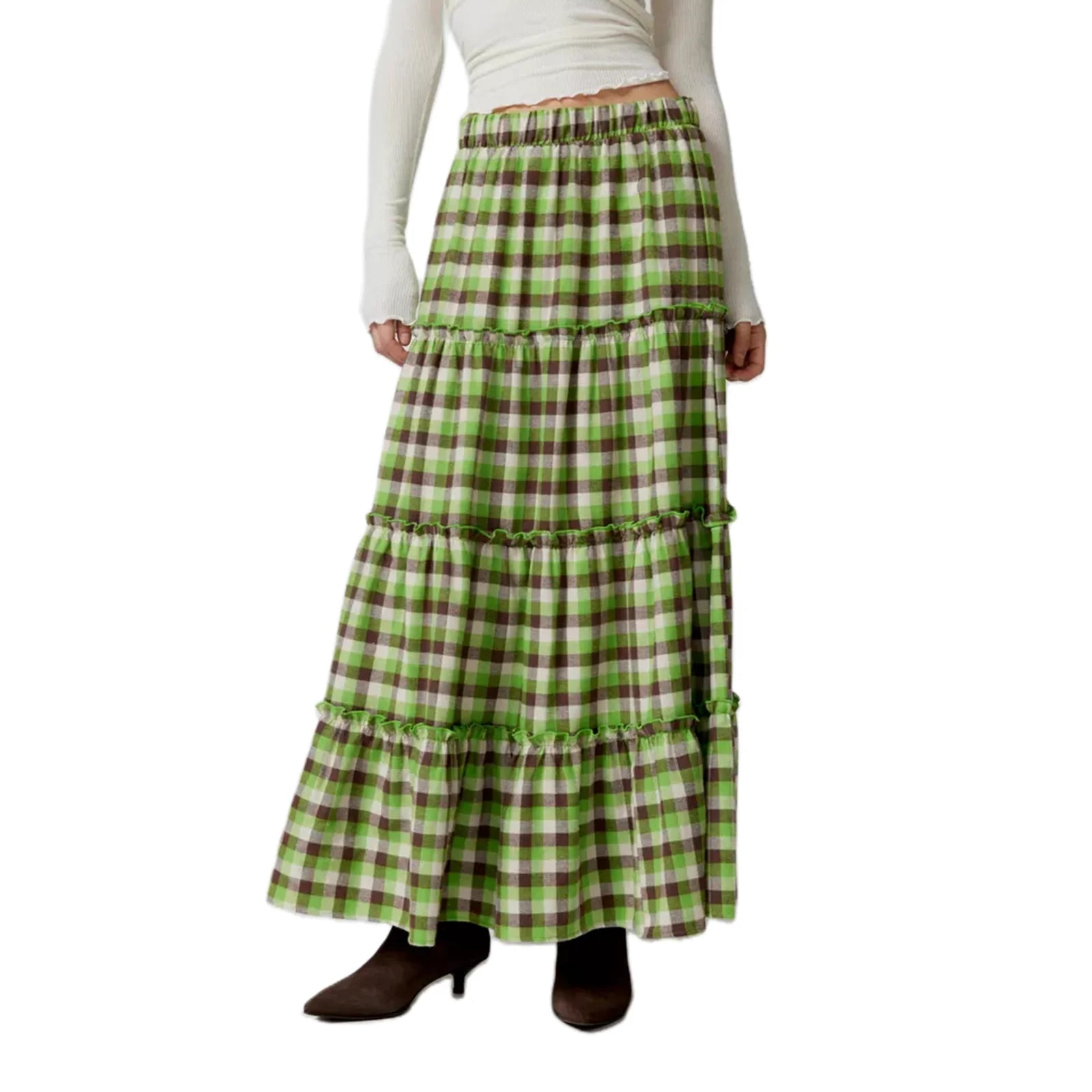 LIZAKOSHT  -  Y2k Women Gingham Tiered Maxi Skirts A Line Ruffle Plaid Midi Skirt Summer Beach Casual Loose Flowy Long Skirt