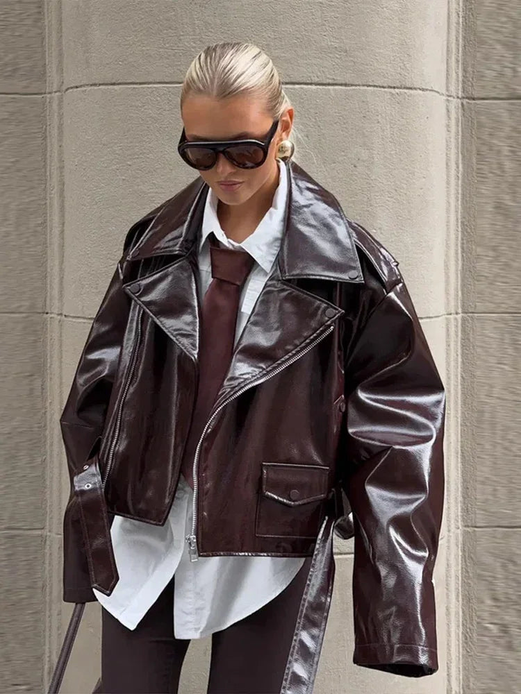 LIZAKOSHT  -  Solid PU Leather Biker Short Jacket Women Lapel Collar Full Sleeve Zipper Belted Hem Jacket 2025 Autumn Female New Edgy Outfit