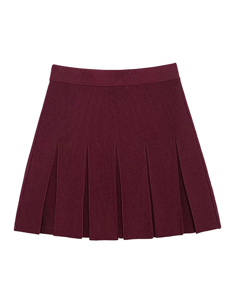 LIZAKOSHT  -  Gold Single Breasted Sweater Knitted Shirt Top Short Skirt Set Women Lapel Double Pockets Knitwear Slim Fit Coat Pleated Skirts