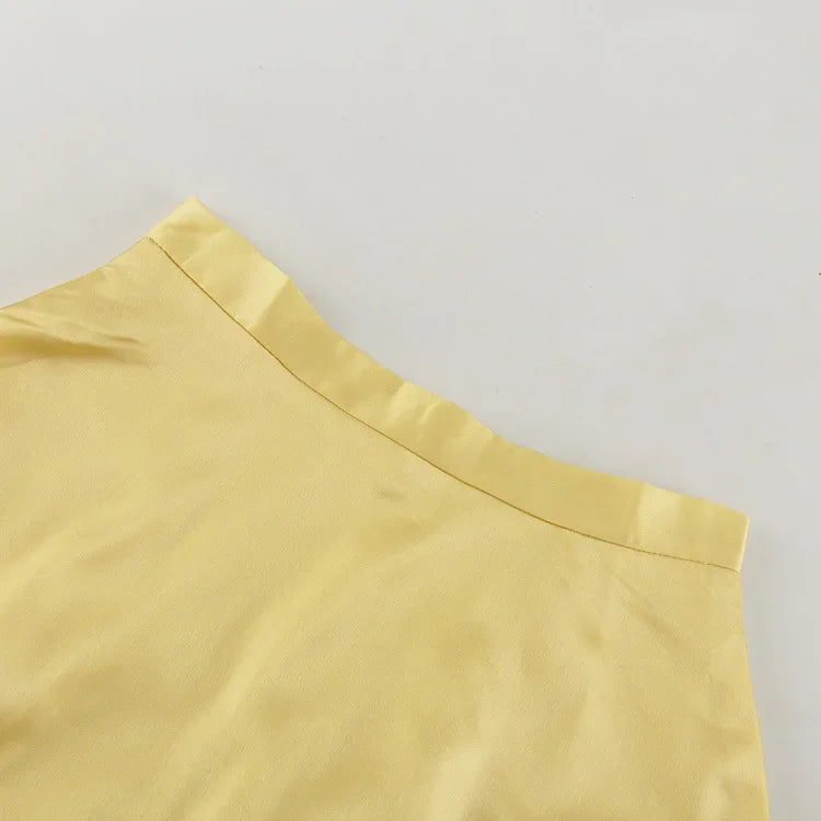 LIZAKOSHT  -  Satin Yellow Maxi Skirt for Women – High Waist Slim Fit Pocket Design Draped Silky Long Skirt Elegant Summer Outfit