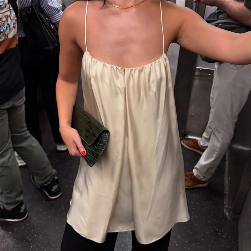 LIZAKOSHT  -  Summer High Street Stylish Solid Color Sleeveless Square Neck Spaghetti Strap Fashion Vest Women's Satin Silk Camisole Tops