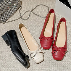 LIZAKOSHT  -  Women 3.5cm High Heels Comfortable Genuine Leather Shoes Lady Sweet Valentine Shoes Female French Style Butterfly Knots Pumps