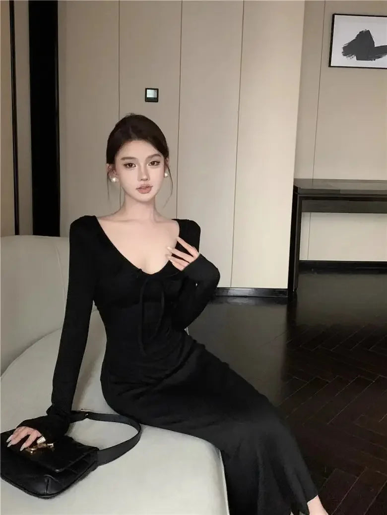 LIZAKOSHT  -  V-neck Lotus Leaf Dress Women's Strappy Waist Long-sleeved Gentle Style A-line Long Skirt