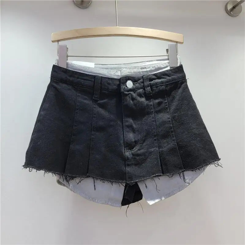 LIZAKOSHT  -  Trendy Women Denim Mini Skirt High Waist Fake Two Piece A Line Irregular Hem Autumn Fashion Skirt