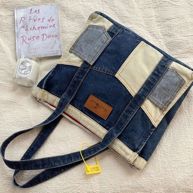 LIZAKOSHT  -  Women's Cowboy Shoulder Bag Shopping Bags Splicing Denim Handbag Fashion Simple Tote
