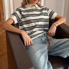 LIZAKOSHT  -  Women Summer Short Sleeve T Shirts Polo Neck Striped Design 95% Cotton Tees Summer Tops For Women Clothes