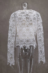 LIZAKOSHT  -  Cute Women's V-Neck Long Sleeve Cardigan Summer Sunscreen Casual White Color Versatile Hollow Lace-Up Design