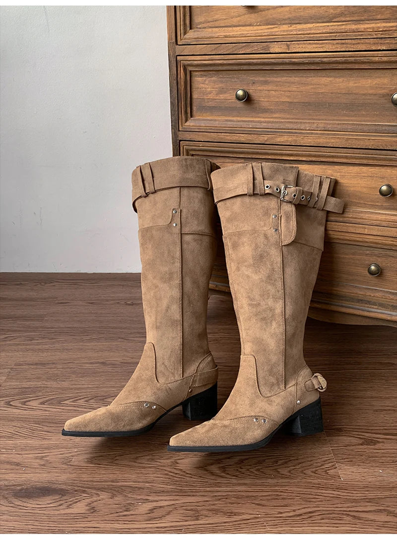 LIZAKOSHT  -  Vintage Rivet Hottie Women Knee-High Boots Fashion Belt Buckle Female Pleated Knight Long Booties Shoes