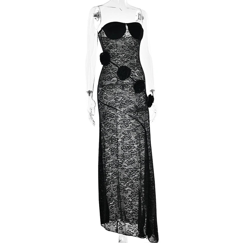 LIZAKOSHT  -  Summer Lace Strapless 3D Flowers Appliques Long Sleeveless Prom Club Dress See Through Sexy Solid Sheath Dress Vestidos